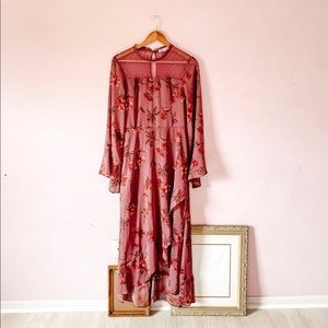 • lace mock neck floral ruffled midi dress •